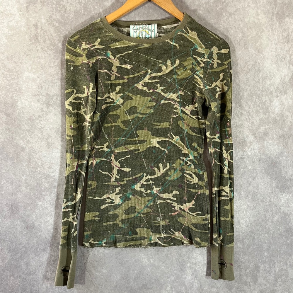 Scrapbook Camo Thermal Top Womens Medium Green‎ Paint Splatter Thumbhole Heart